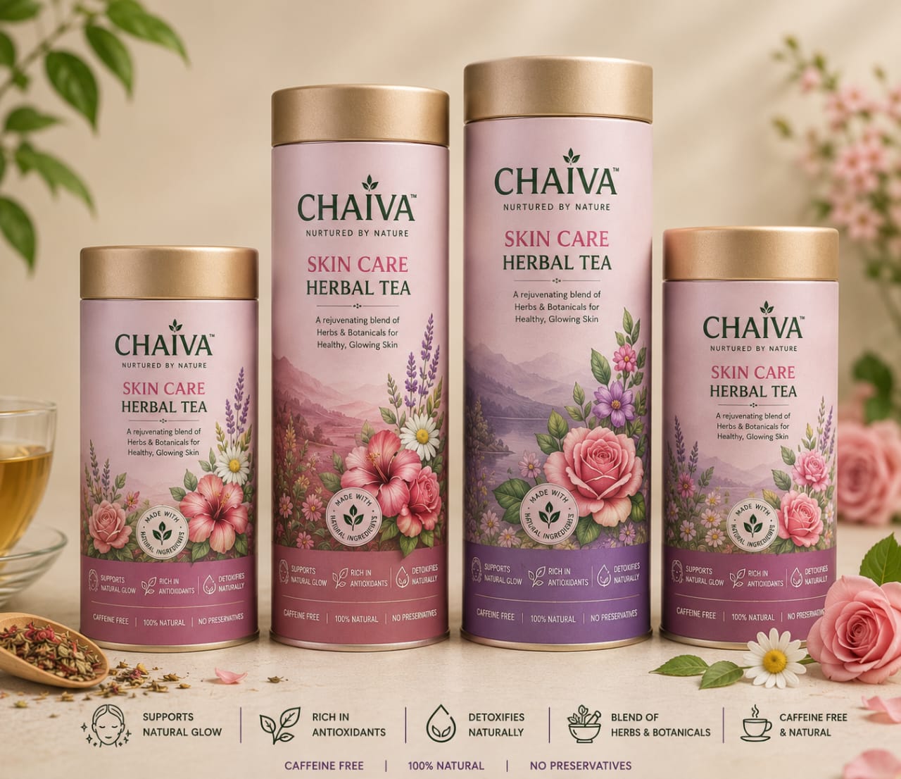 Chaiva Skin Care Herbal Tea cylindrical packaging